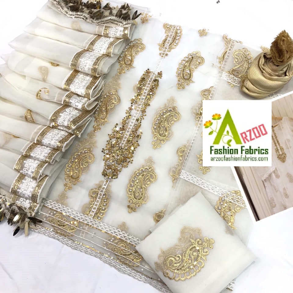 Agha Noor Organza Adda work Embroidered 2021 with Organza Emb Dupatta, Cotton Jacquard Trouser