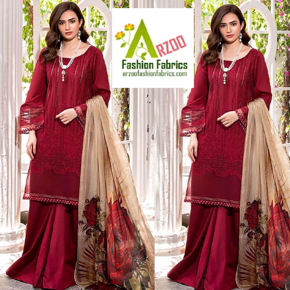 Manhara Lawn Cotton Chikankari Embroidered 2021 with Digital Print Silk Dupatta (3Pc)