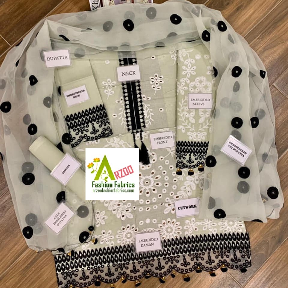 Khaadi Lawn Schiflie Embroidered 2021 with Organza Emb Dupatta, Cotton Trouser (3Pc)